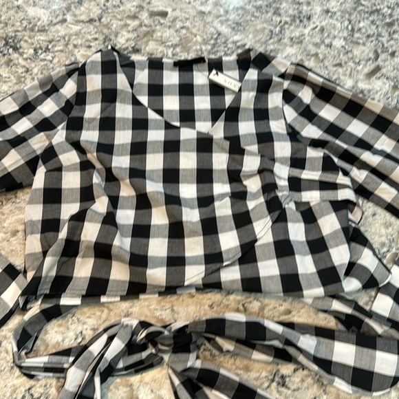 Soncy | Black & White Gingham Tie Waist Long Button Sleeve Wrap Shirt Size 12 - Picture 6 of 15